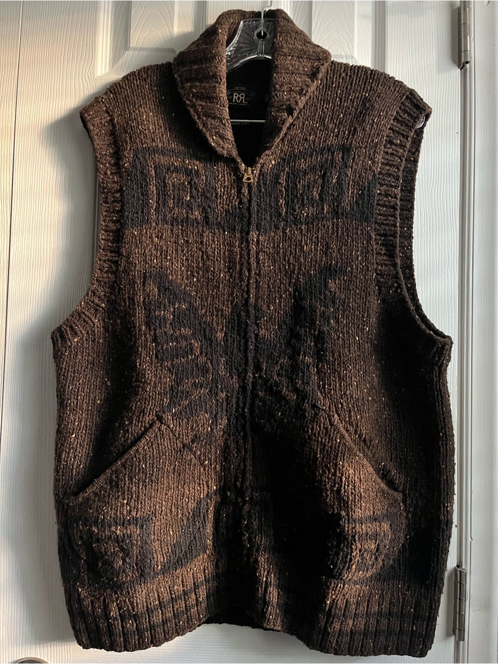 RRL Ralph Lauren Brown & Black Thunderbird Wool Knit Vest Shawl Collar Mens XL